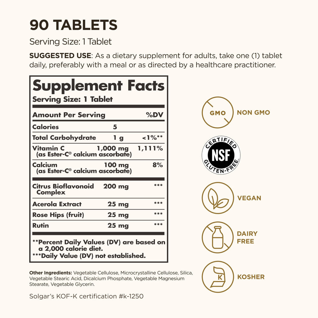 Solgar Ester-C Plus 1000 mg Vitamin C, 90 Tablets - Gentle On The Stomach & Non Acidic - Antioxidant & Immune System Support - Non GMO, Vegan, Gluten-Free, Kosher - 90 Servings