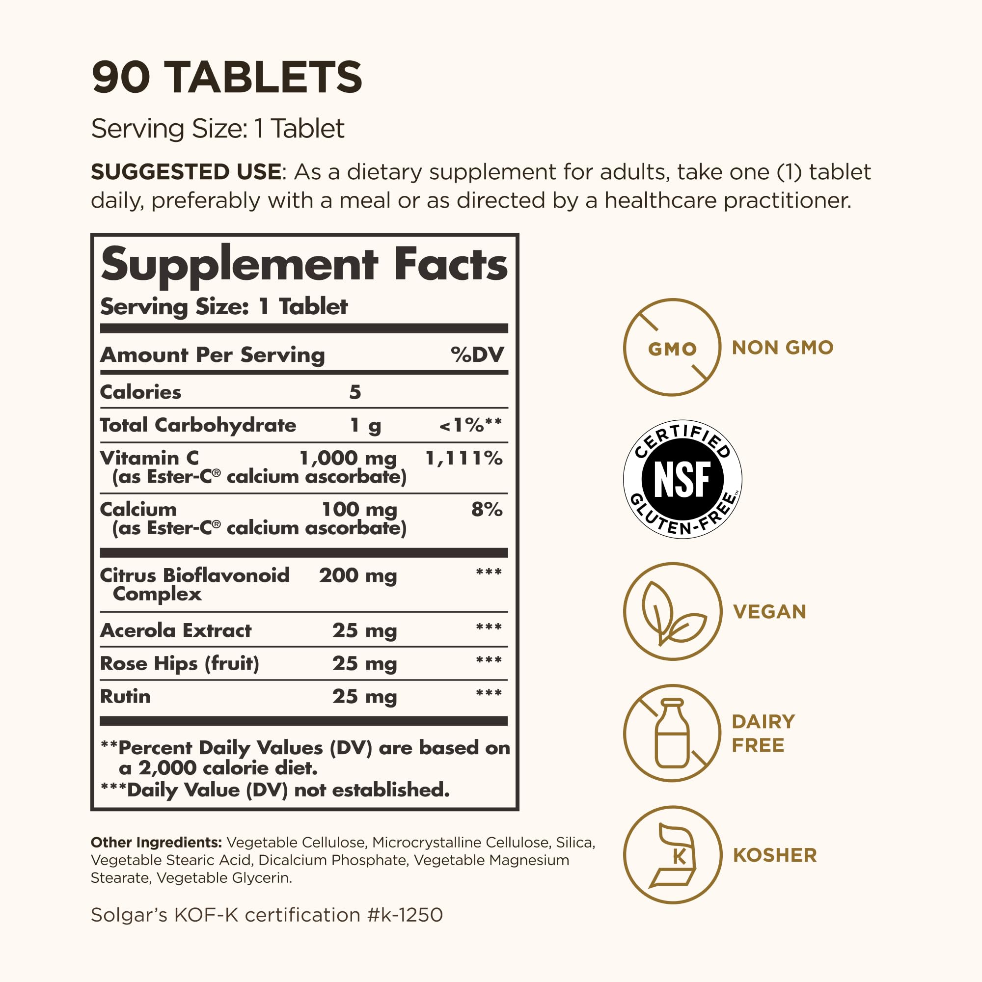 Solgar Ester-C Plus 1000 mg Vitamin C, 90 Tablets - Gentle On The Stomach & Non Acidic - Antioxidant & Immune System Support - Non GMO, Vegan, Gluten-Free, Kosher - 90 Servings