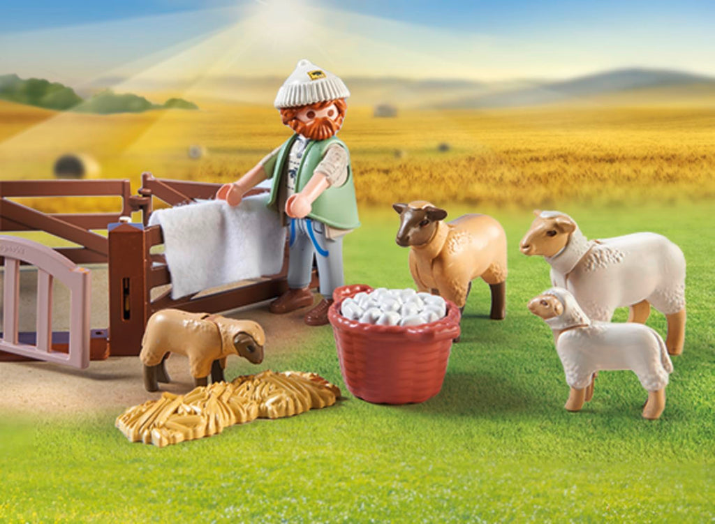 Playmobil 71444 Shepherd with Sheep - Country - with 5 Animals and 1 Character - Toy made with More than 80% recycled or bio-sourced materials on average. Suitable for ages 4 and up