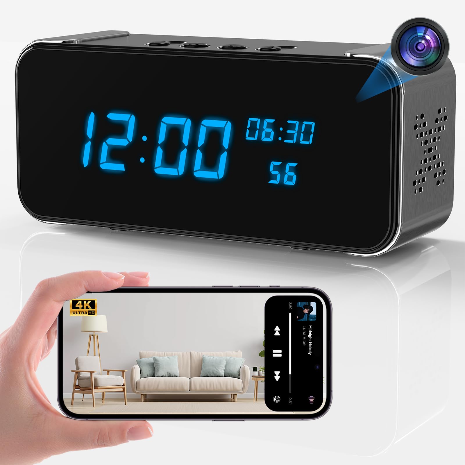 JOOKACE Hidden Camera Clock with Bluetooth Speaker 4K WiFi Indoor Camera for Home Security - Mini Nanny Cam with Night Vision, Motion Detection, Remote Live Stream