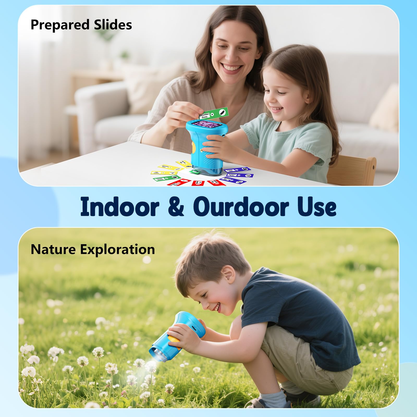 Odatay 4K 1000X Digital Microscope for Kids with 32G Card, Long Distance Viewing & 2.4" Screen Portable Handheld Edu Toys for Age 3-12 Exploring Bugs Plants at Home Classroom & Outdoor Travel, Blue