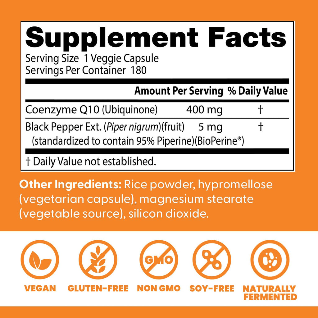 Doctor's Best High Absorption CoQ10 400mg with BioPerine Supplement - Coenzyme Q10 Caps for Heart Health & Antioxidant Support, CoQ10 400 mg for Women & Men, Non GMO - 180 Veg Capsules