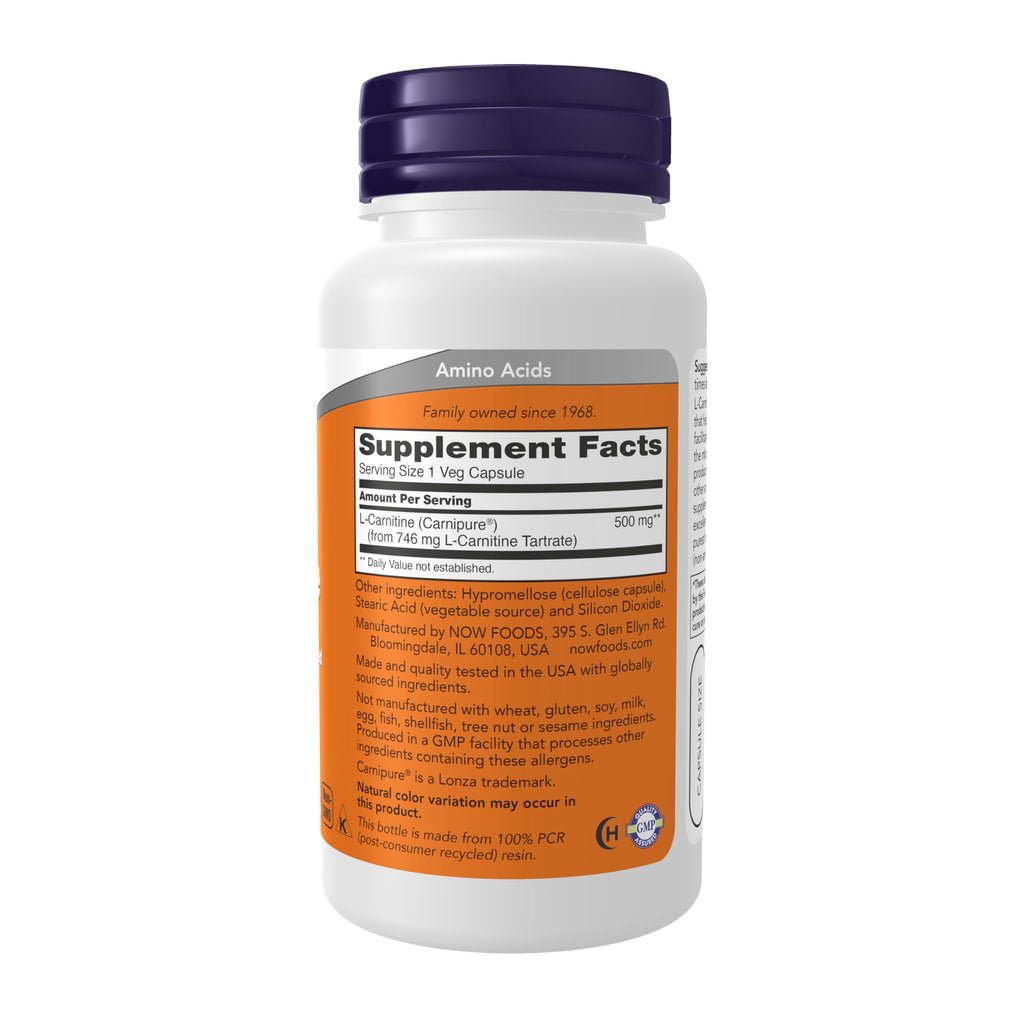 NOW Foods Supplements, L-Carnitine 500mg, Purest Form, Amino Acid, 60 Veg Capsules