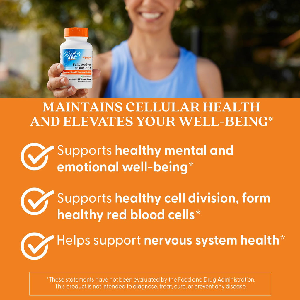 Doctor's Best Fully Active Folate with Quatrefolic400 mcg, Healthy Mood, Memory, Circulation, Well-Being, 90 VC