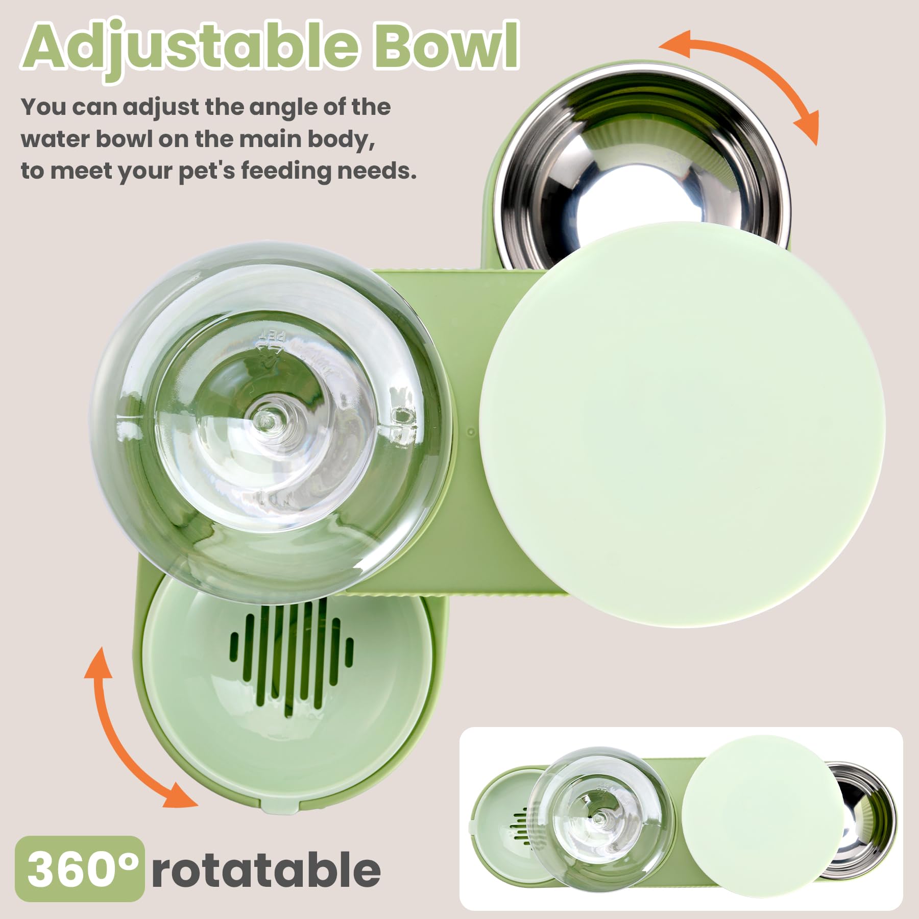 Automatic Cat Feeder Stainless Steel Water Dispenser Gravity Food Feeder and Waterer Set with Pet Food Bowl for Small Medium Kitten Puppy Pets Large Capacity(Green)