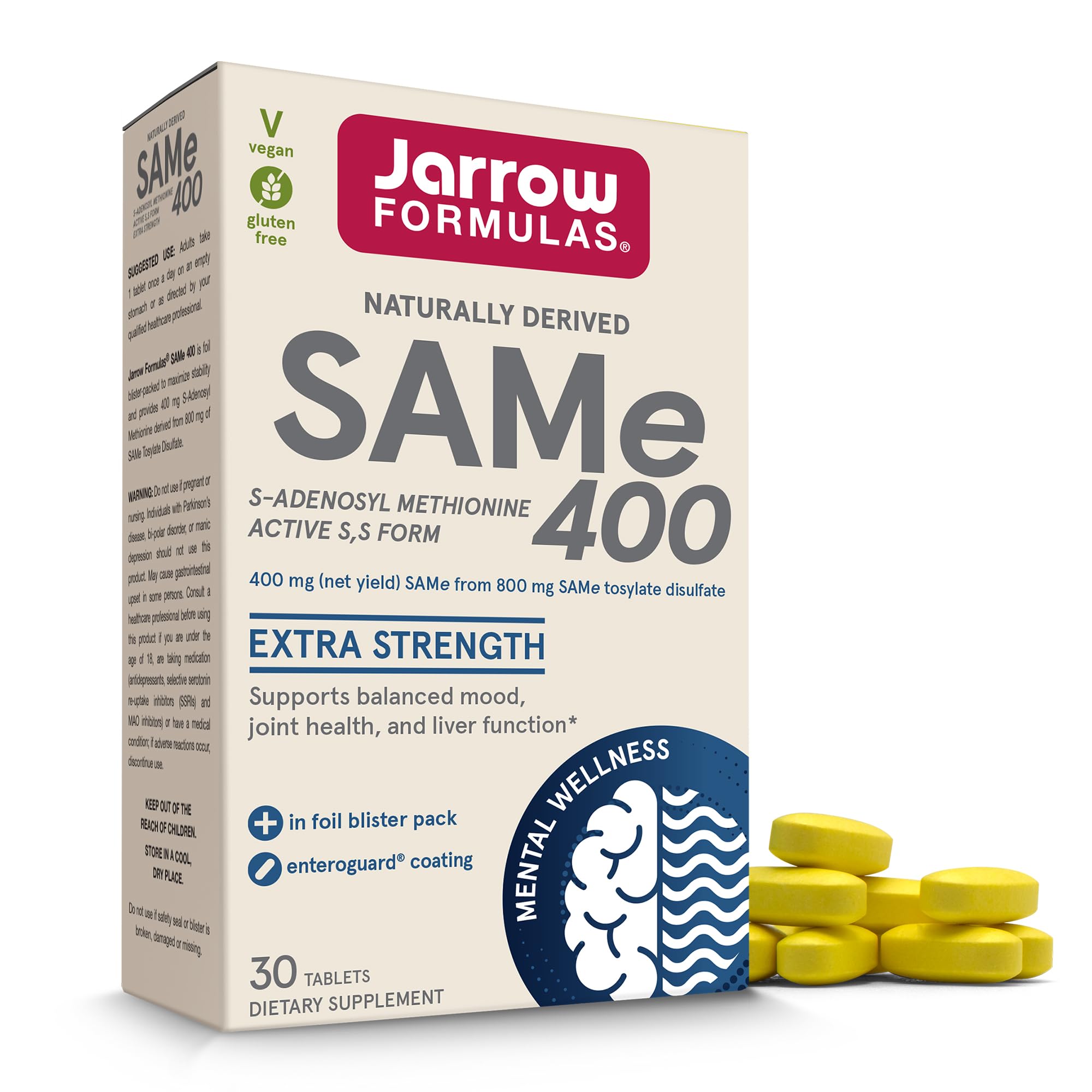 Jarrow Formulas SAMe Supplement 400 mg - 30 Tablets - High Concentration of Active S,S Form - Supports Joint Health, Liver Function, Brain Metabolism, Balanced Mood & Antioxidant Defense - 30 Servings