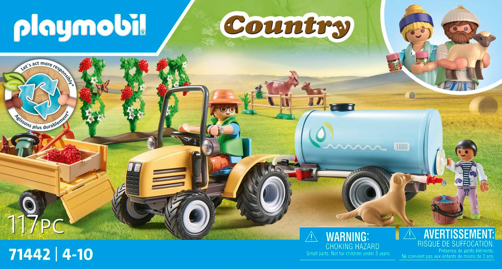PLAYMOBIL Country 71442 Tractor with Trailer and Tank, Fresh Harvest on the Farm, Learning about the Environment, Imaginative and Fun Role Playing, Toys for Kids Ages 4 and Up