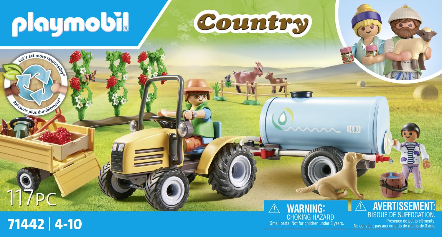 PLAYMOBIL Country 71442 Tractor with Trailer and Tank, Fresh Harvest on the Farm, Learning about the Environment, Imaginative and Fun Role Playing, Toys for Kids Ages 4 and Up