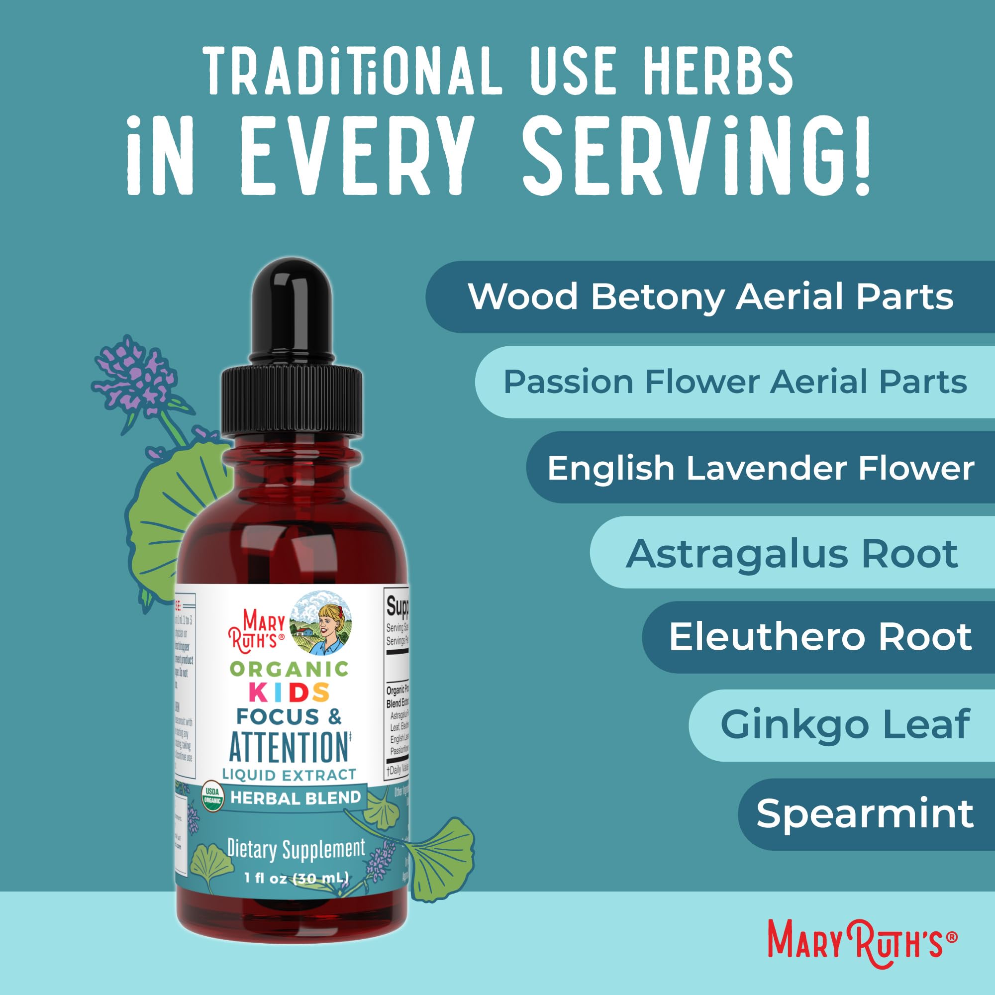 MARYRUTH'S Kids Focus & Attention Drops, USDA Organic Drops, 30 Servings