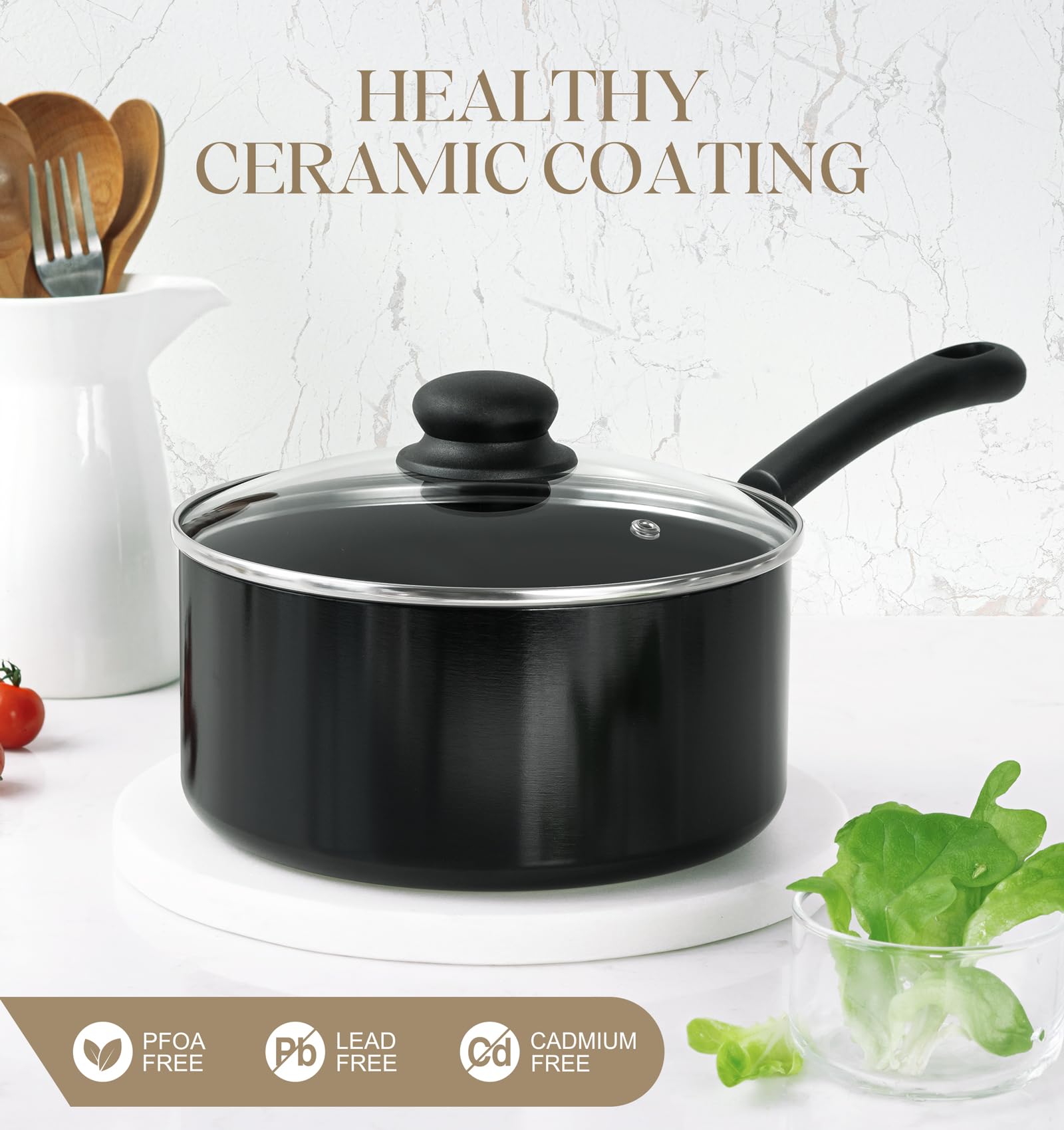 MICHELANGELO Nonstick Saucepan with Lid, Ceramic Sauce Pan Sets, Easy to Clean Sauce Pans, Multi-Purpose Cooking Pots, 1QT & 2QT & 3QT, Black
