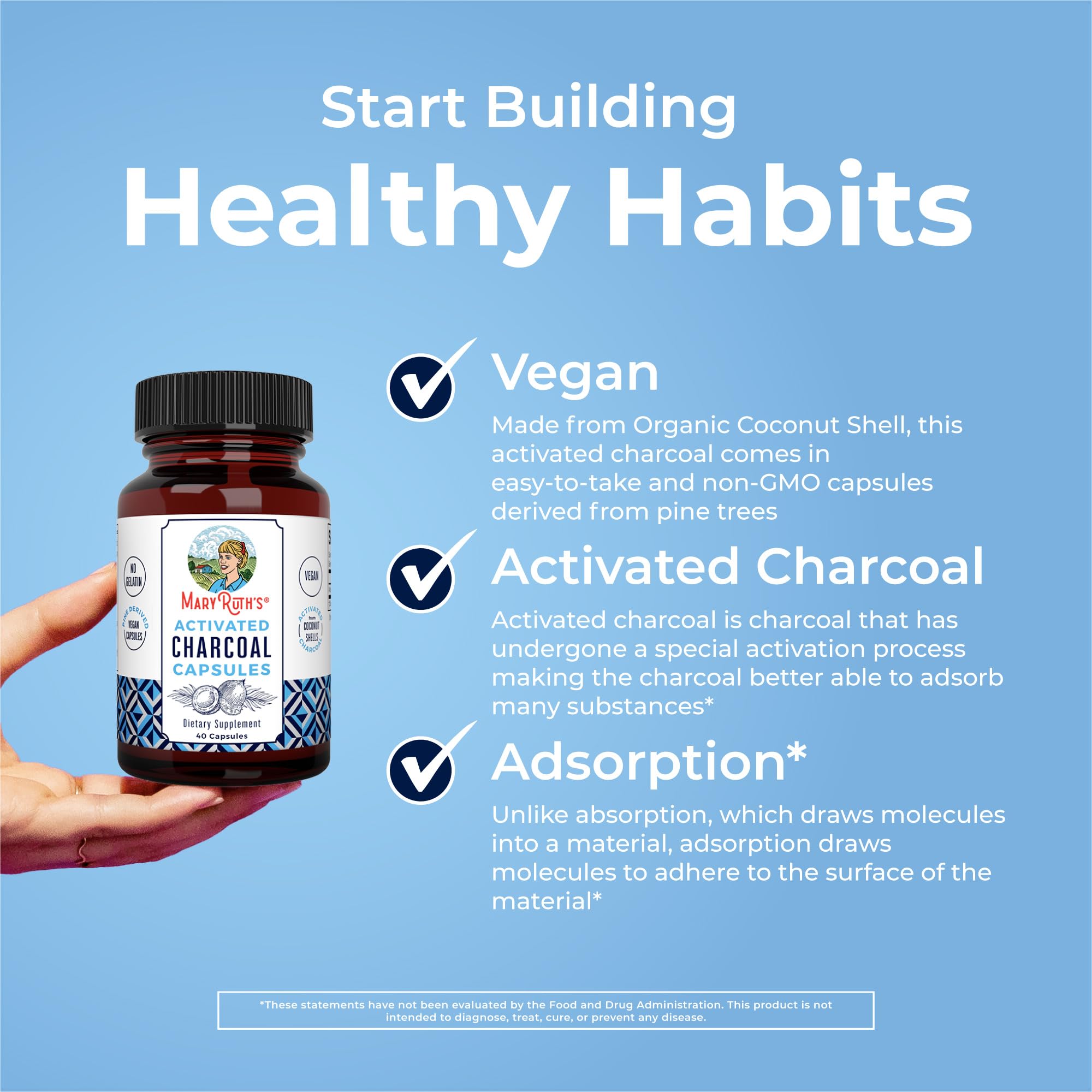 MARYRUTH'S Activated Charcoal Capsules, 950 mg, Non-GMO, Vegan, 40 Count