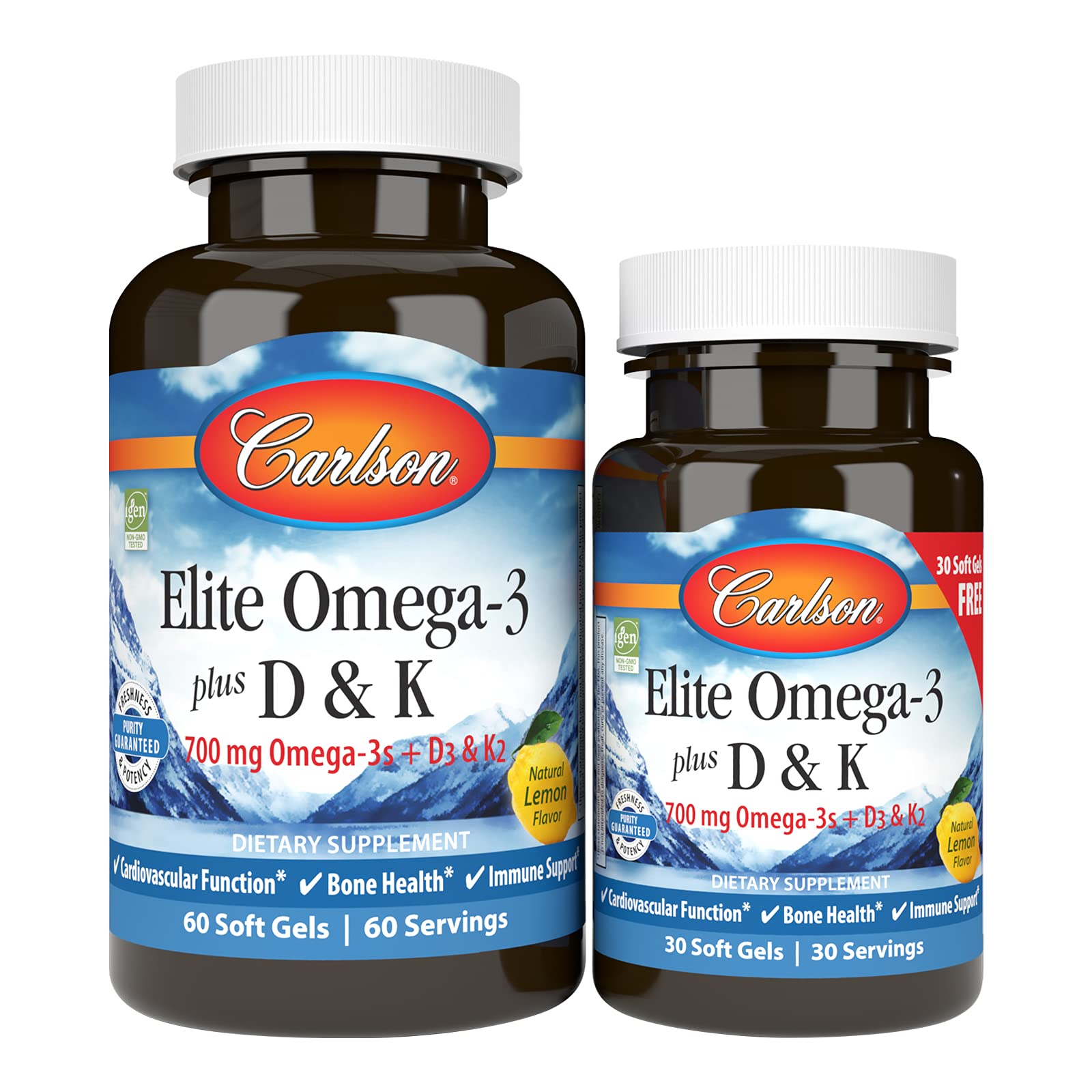 Carlson Elite Omega-3 Plus D & K, 700 mg, Omega-3s, Lemon, 60 + 30 Softgels