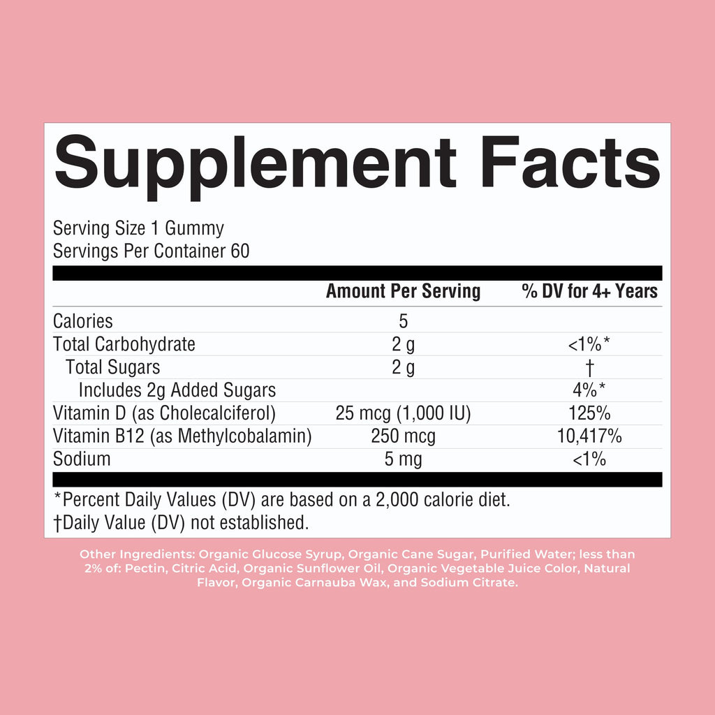 MARYRUTH'S Organic Vitamin D3 + B12 Gummies for Ages 4+, 60 Servings, Vegan