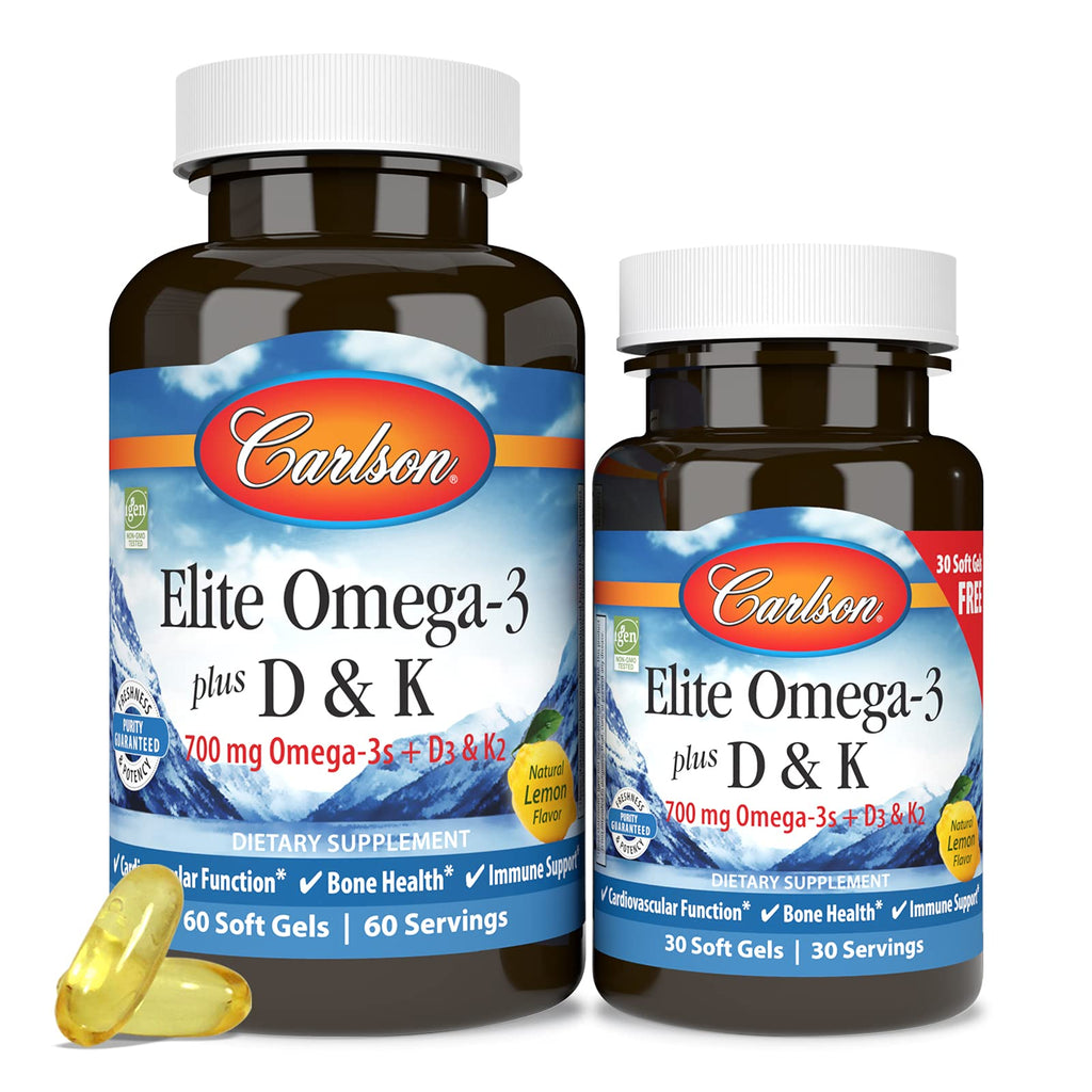 Carlson Elite Omega-3 Plus D & K, 700 mg, Omega-3s, Lemon, 60 + 30 Softgels
