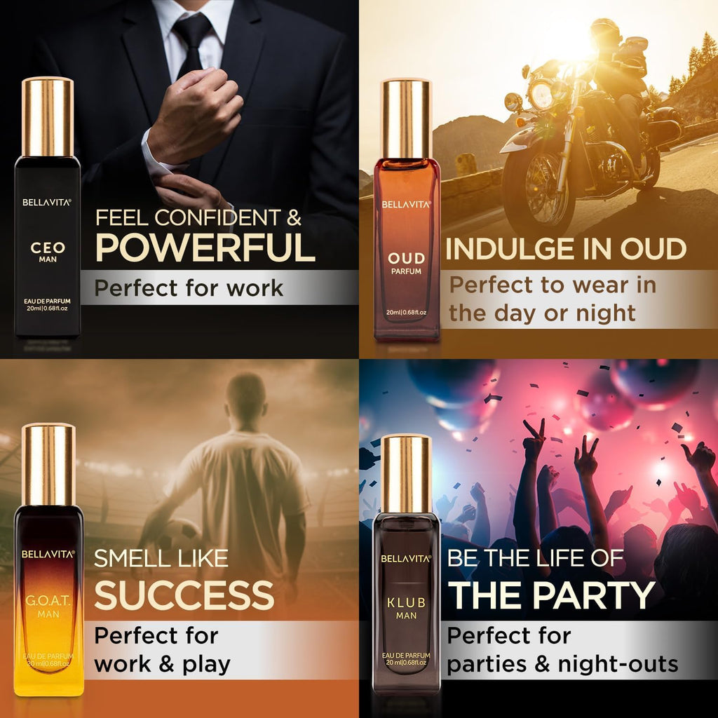 Bella Vita Organic Man Luxury Perfume Gift Set 4x20 ML for Men with Dominus, Oud, CEO, Impact Perfume|Woody, Citrusy Long Lasting EDP & EDC Fragrance Scent |80 ML