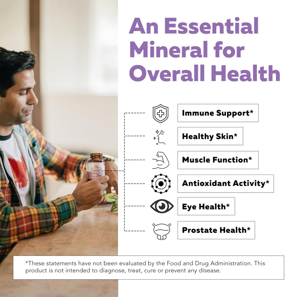 Organic Zinc 25 mg | Whole Food zinc Supplements | Derived from Organic Fruit, Elemental Zinc - Water Extracted, Vegan, GMO-Free - Essential Mineral, Antioxidant, Immune Support, Skin - 60 Servings