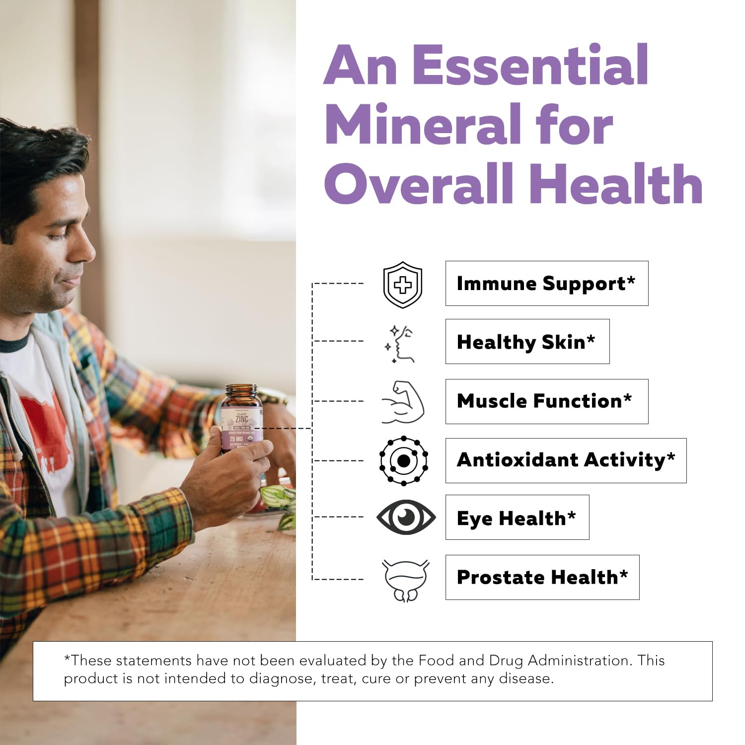 Organic Zinc 25 mg | Whole Food zinc Supplements | Derived from Organic Fruit, Elemental Zinc - Water Extracted, Vegan, GMO-Free - Essential Mineral, Antioxidant, Immune Support, Skin - 60 Servings