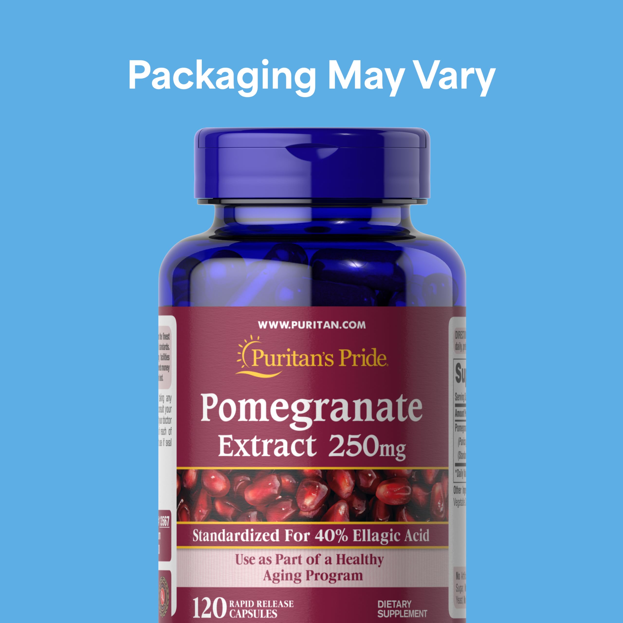 Puritan's Pride Premium Pomegranate Extract 250mg, Dietary Supplement for Antioxidant Health and Healthy Aging Program, 40% Ellagic Acid,120 Rapid Release Capsules (Packaging May Vary)