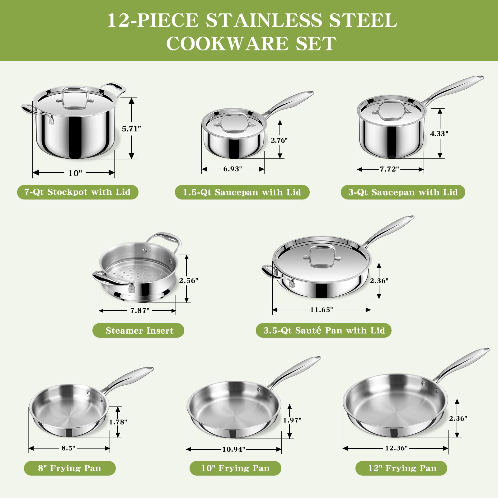 Triple Ply Stainless Steel Pots and Pans Set, EWFEN 12 Piece Induction Cookware Set, Oven Dishwasher Safe | Frying Pans, Saucepans, Saute Pan & Stock Pot, PFOA Free Kitchen Skillet