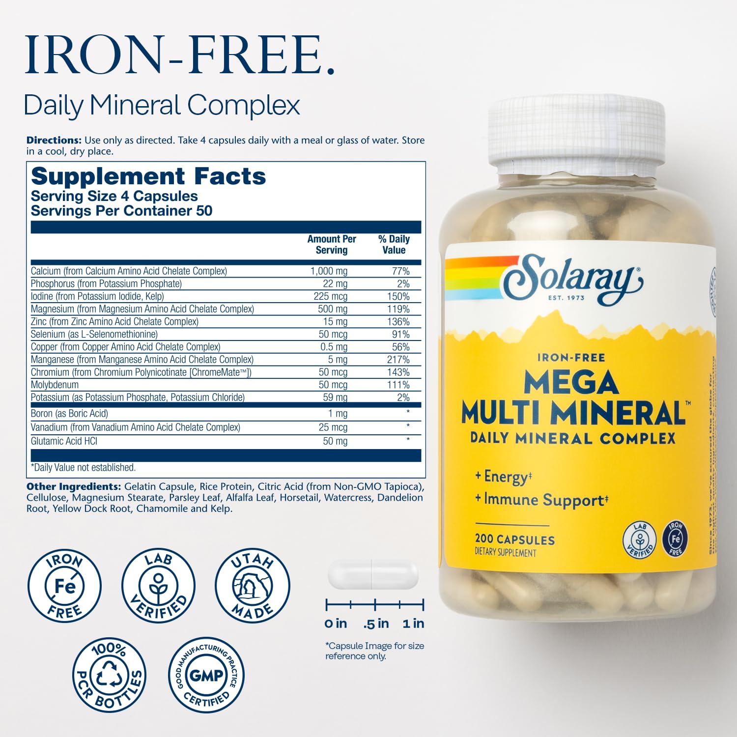 SOLARAY Mega Multi Mineral Iron Free (200 Capsules, 50 Servings)