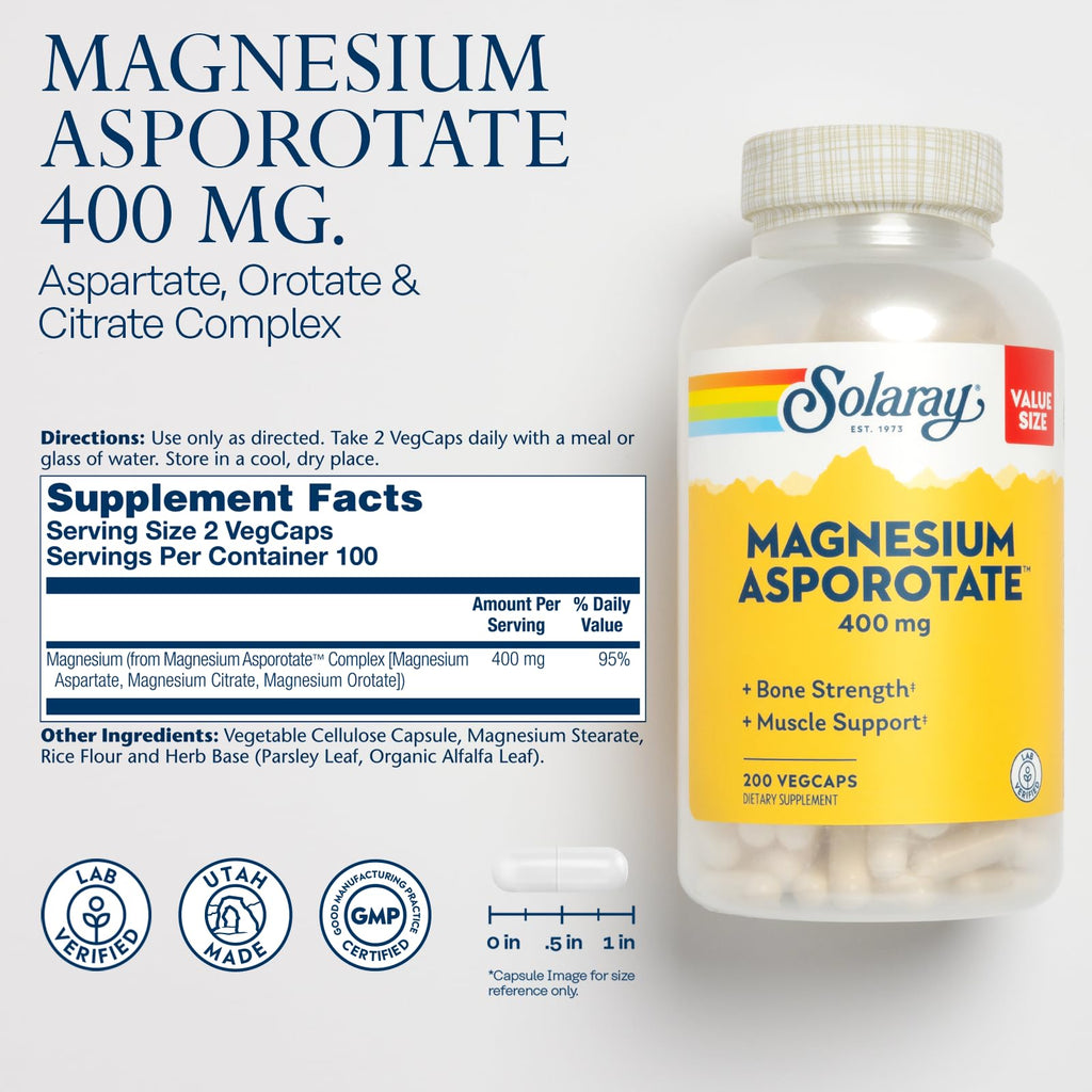 Solaray Magnesium Asporotate 400 mg, 200 VegCaps