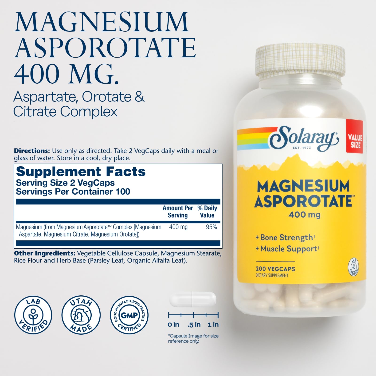 Solaray Magnesium Asporotate 400 mg, 200 VegCaps