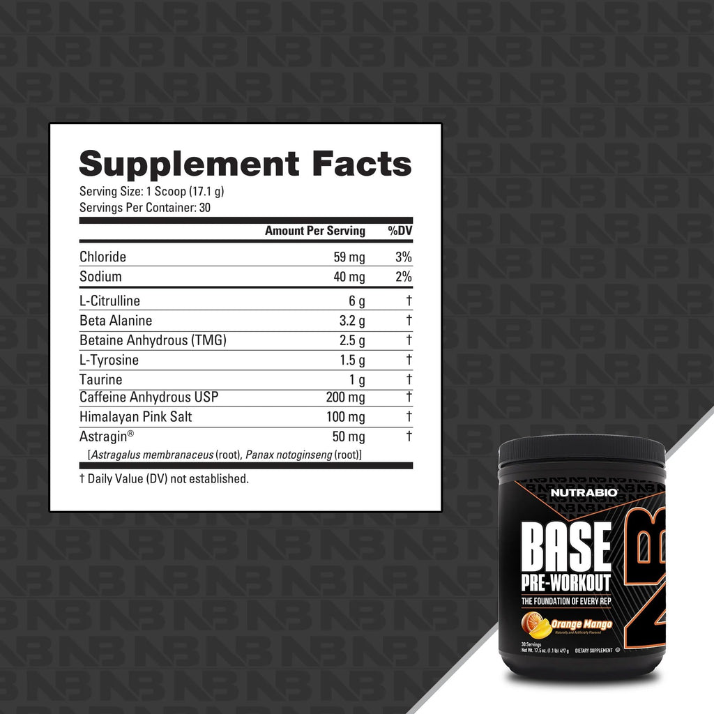 NutraBio Base Pre-Workout Powder 200mg Caffeine, Sustained Energy, Focus, Endurance, Pump, Sugar Free, Clean Preworkout for Men and Women - Beta Alanine, L-Tyrosine, 30 Servings - Orange Mango