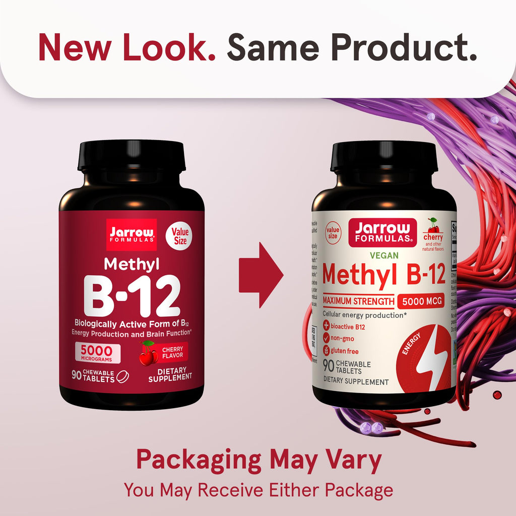 Jarrow Formulas Vitamin B12 5000 mcg - Maximum Strength for Cellular Energy and Brain Health, 90 Cherry Chewable Tablets, B12 Vitamins 5000 mcg