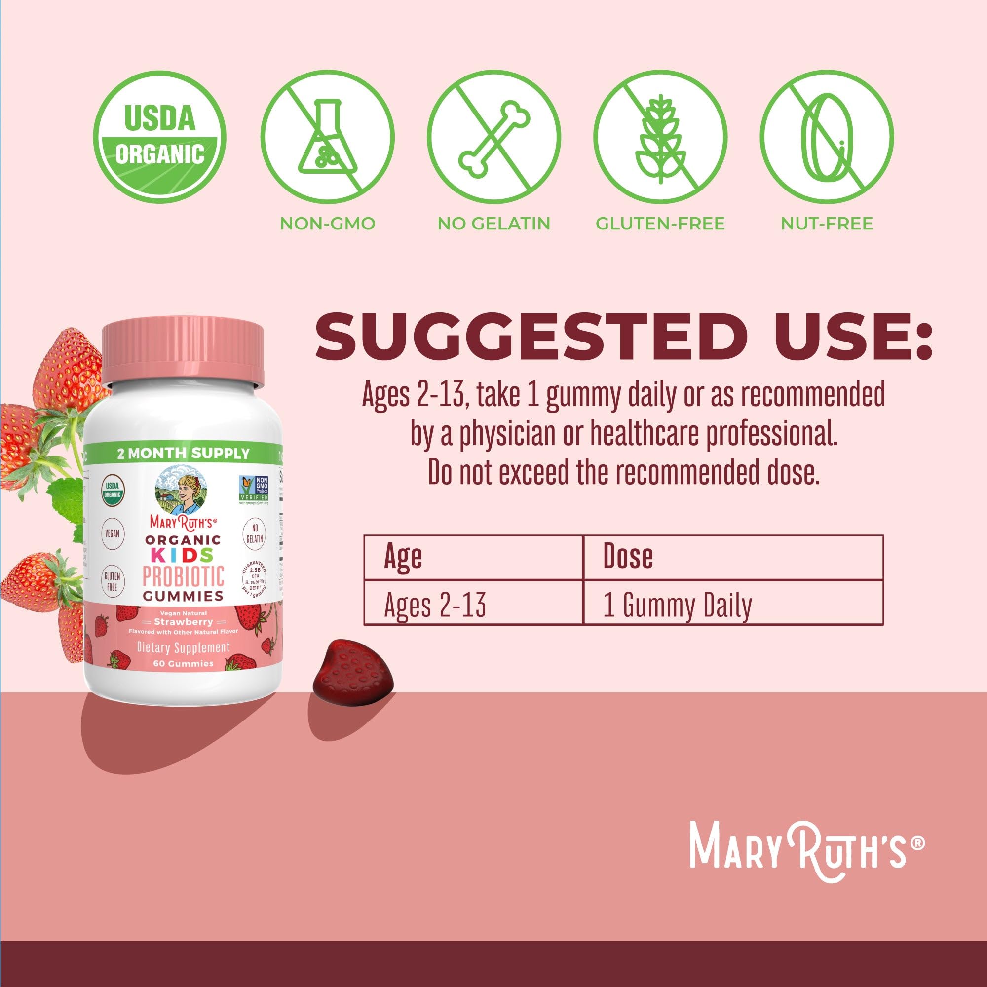 MARYRUTH'S Organics Multivitamin and Probiotic Gummies (Strawberry) for Kids | Clean Label Project Verified® | Vitamins for Gut Health, Immunity, & Overall Wellness | Vegan, Non-GMO, Gluten Free