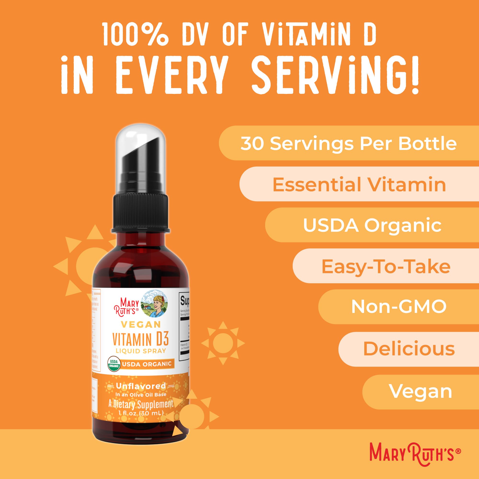 MaryRuth Organic Vitamin D Drops Spray, Adult & Kids Vitamin D, 30 Servings