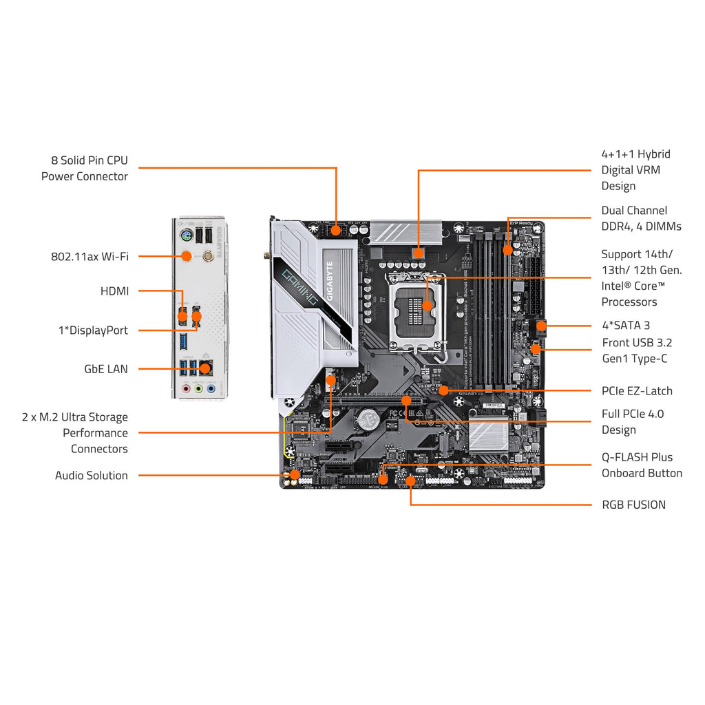 GIGABYTE B760M Gaming Plus WiFi DDR4 LGA 1700 Intel B760 M-ATX Motherboard, 2* M.2, PCIe 4.0, Front USB 3.2 Gen 1 Type-C, 6 GbE LAN, Q-Flash Plus, EZ-Latch