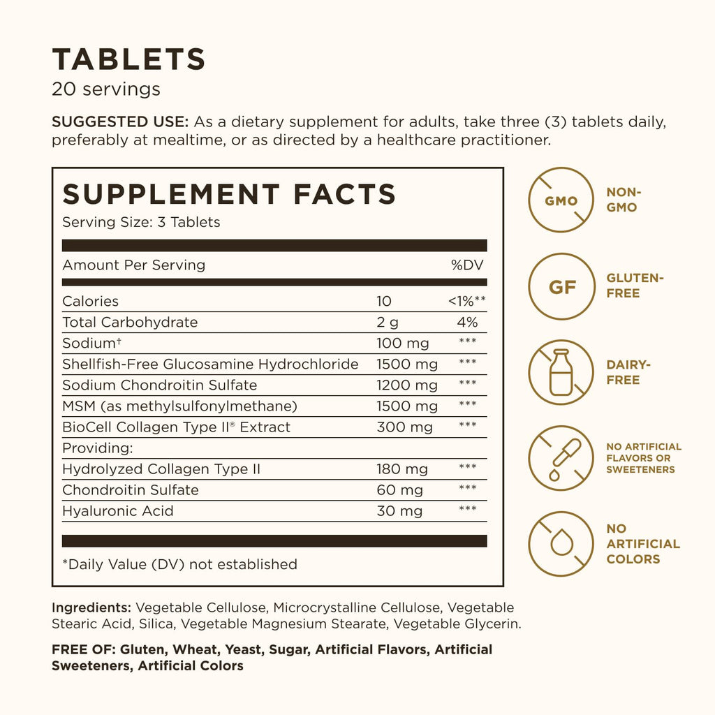 Solgar Glucosamine Hyaluronic Acid Chondroitin MSM (Shellfish-Free), 60 Tablets - Joint Support & Comfort - Supports Active Lifestyles - Non-GMO, Gluten Free, Dairy Free - 20 Servings