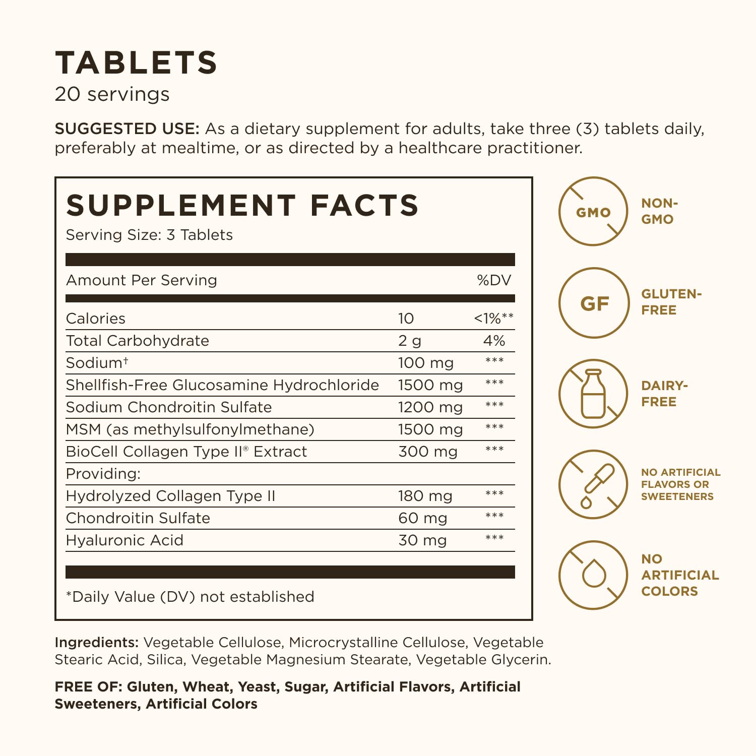 Solgar Glucosamine Hyaluronic Acid Chondroitin MSM (Shellfish-Free), 60 Tablets - Joint Support & Comfort - Supports Active Lifestyles - Non-GMO, Gluten Free, Dairy Free - 20 Servings