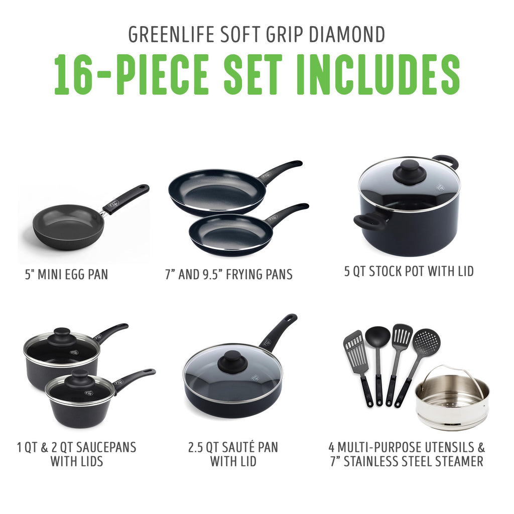 GreenLife 16 Piece Ceramic Nonstick Pots & Pans Cookware Set, Black
