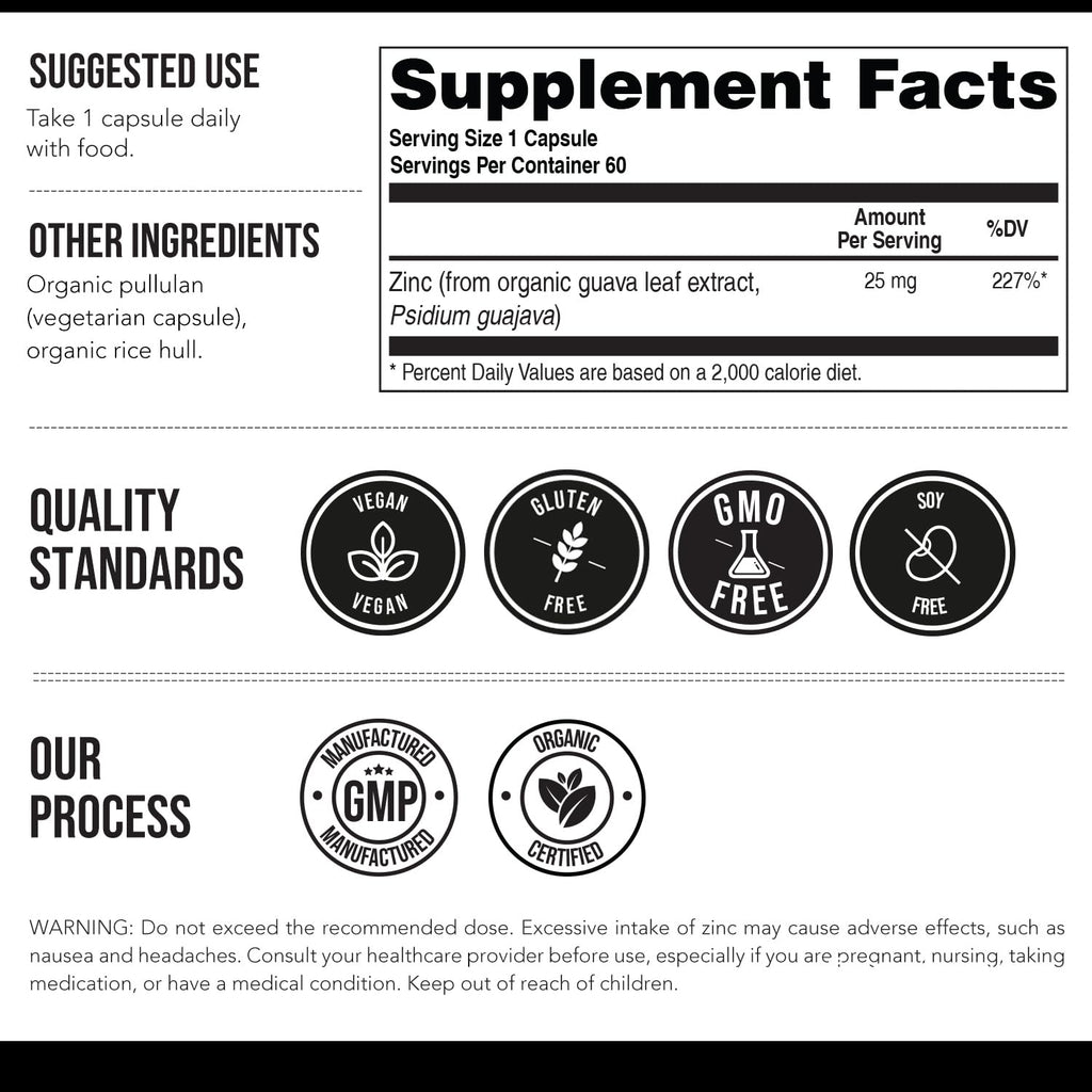 Organic Zinc 25 mg | Whole Food zinc Supplements | Derived from Organic Fruit, Elemental Zinc - Water Extracted, Vegan, GMO-Free - Essential Mineral, Antioxidant, Immune Support, Skin - 60 Servings
