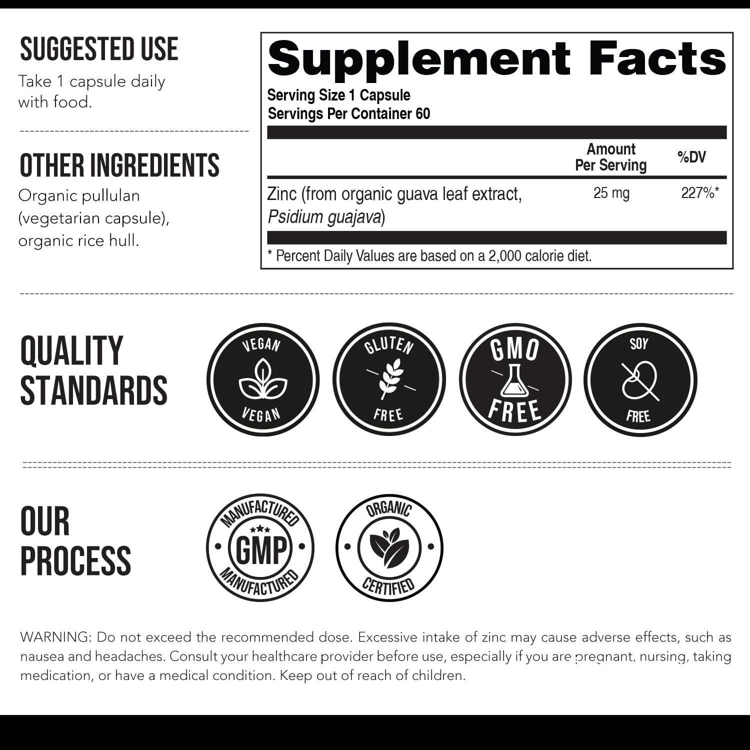 Organic Zinc 25 mg | Whole Food zinc Supplements | Derived from Organic Fruit, Elemental Zinc - Water Extracted, Vegan, GMO-Free - Essential Mineral, Antioxidant, Immune Support, Skin - 60 Servings