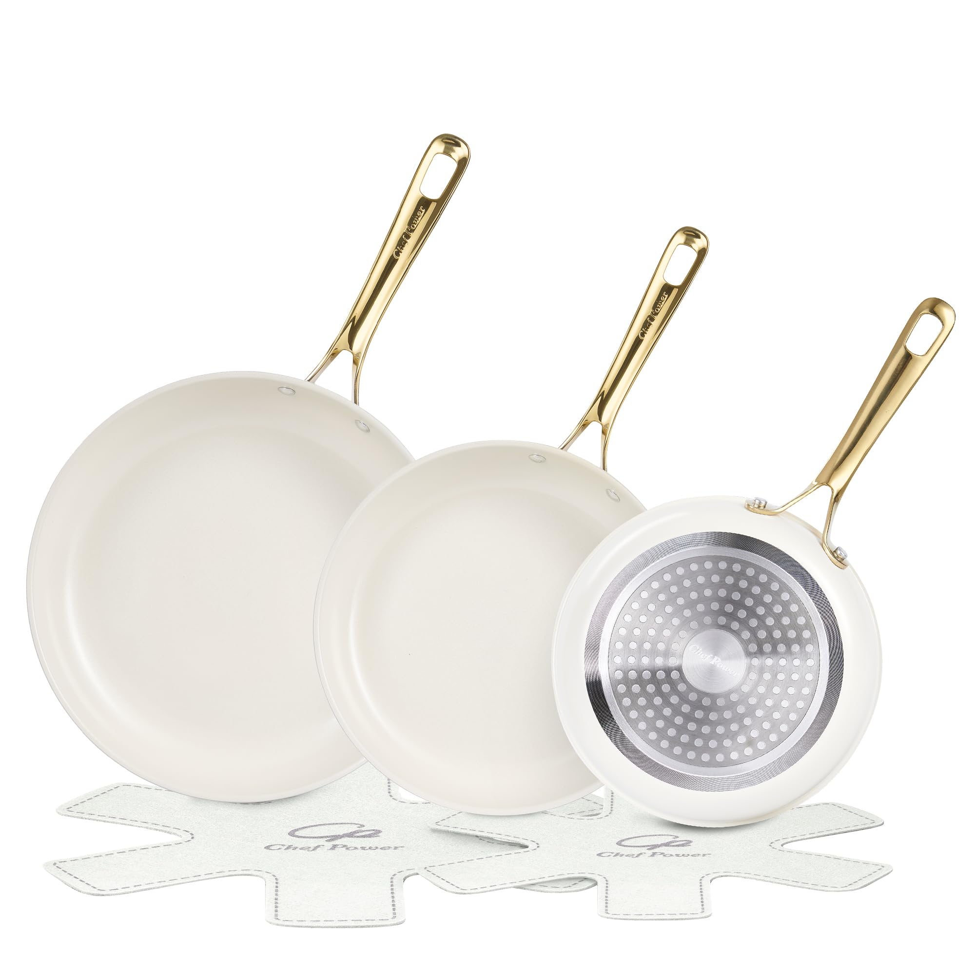 Chef Power Ceramic Frying Pan with Stainless Steel handle 5Pcs Set, Non Stick Grill Pan Set, Dishwasher and Oven Safe, Cream White and Light Gold Handle