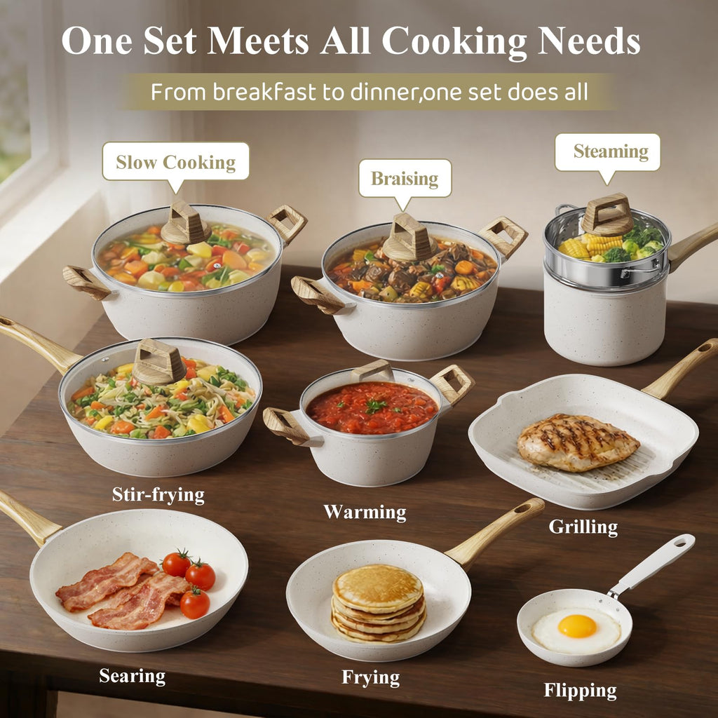 Bazova 25Pcs Pots and Pans Set Non Stick, Titanium-Reinforced Ceramic Cookware Set Non Stick, Non Toxic PFAS-Free Induction Ready, Long-Lasting Performance, Full Kitchen Set with 3 Casseroles