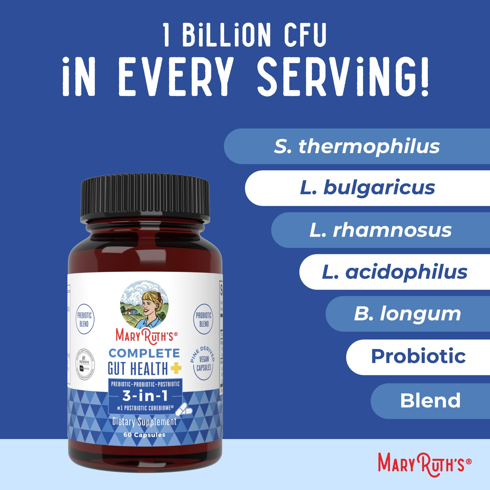 MARYRUTH'S Complete Gut Health+ Probiotic Capsules, with Post & Prebiotics