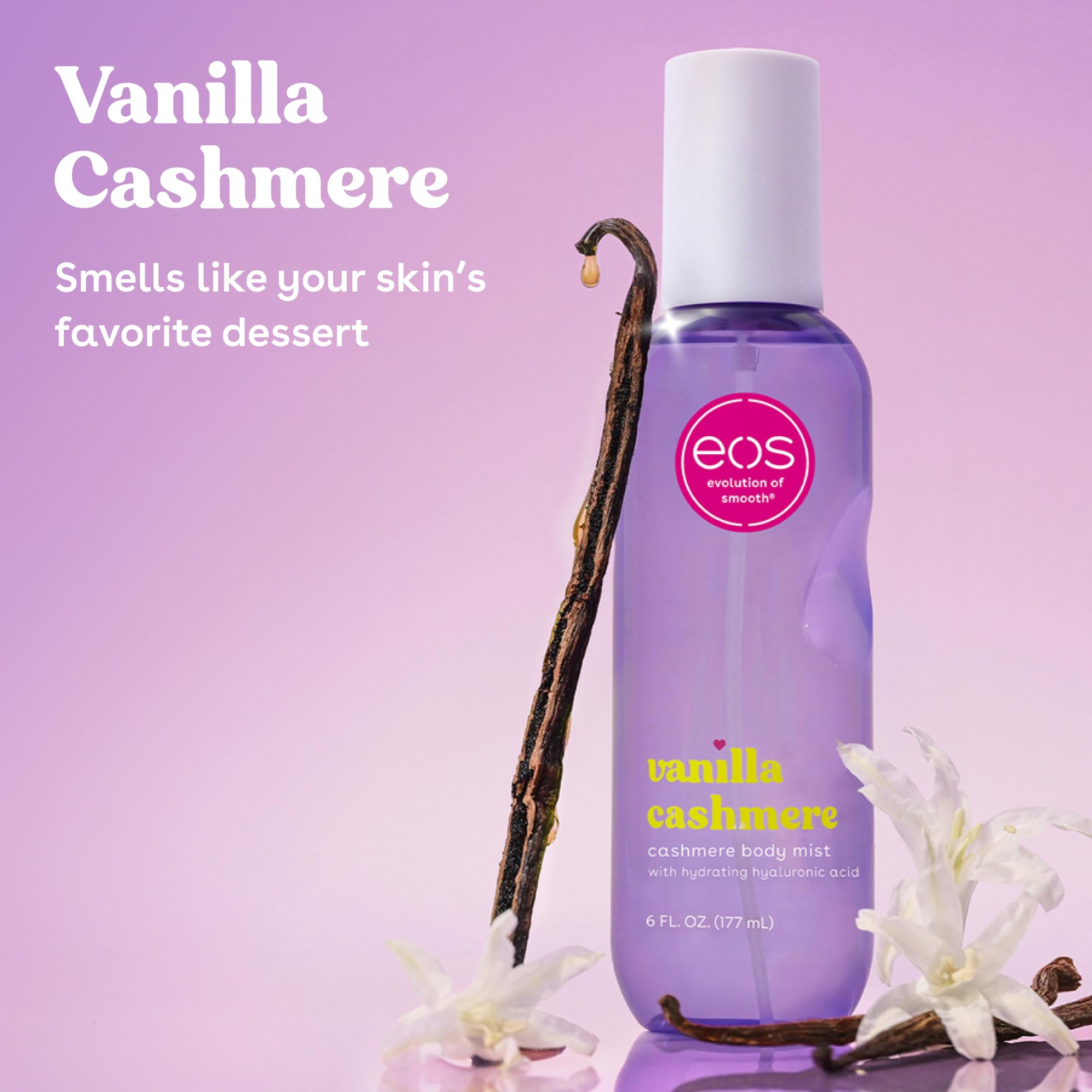 eos Cashmere Body Mist, Vanilla Cashmere, soft musk, cozy caramel, hair mist, body spray for women, moisturizing, hyaluronic acid, body spray, vegan, cruelty-free, 6 fl oz