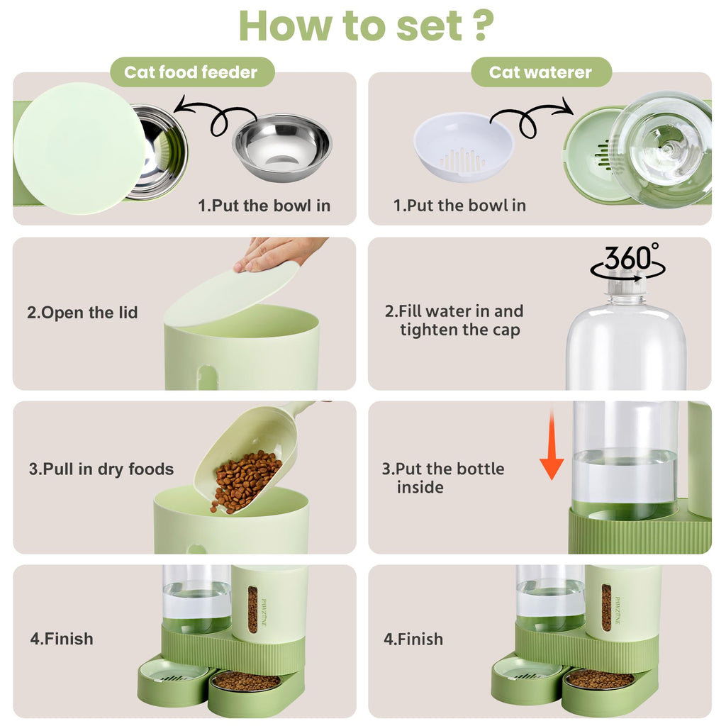 Automatic Cat Feeder Stainless Steel Water Dispenser Gravity Food Feeder and Waterer Set with Pet Food Bowl for Small Medium Kitten Puppy Pets Large Capacity(Green)