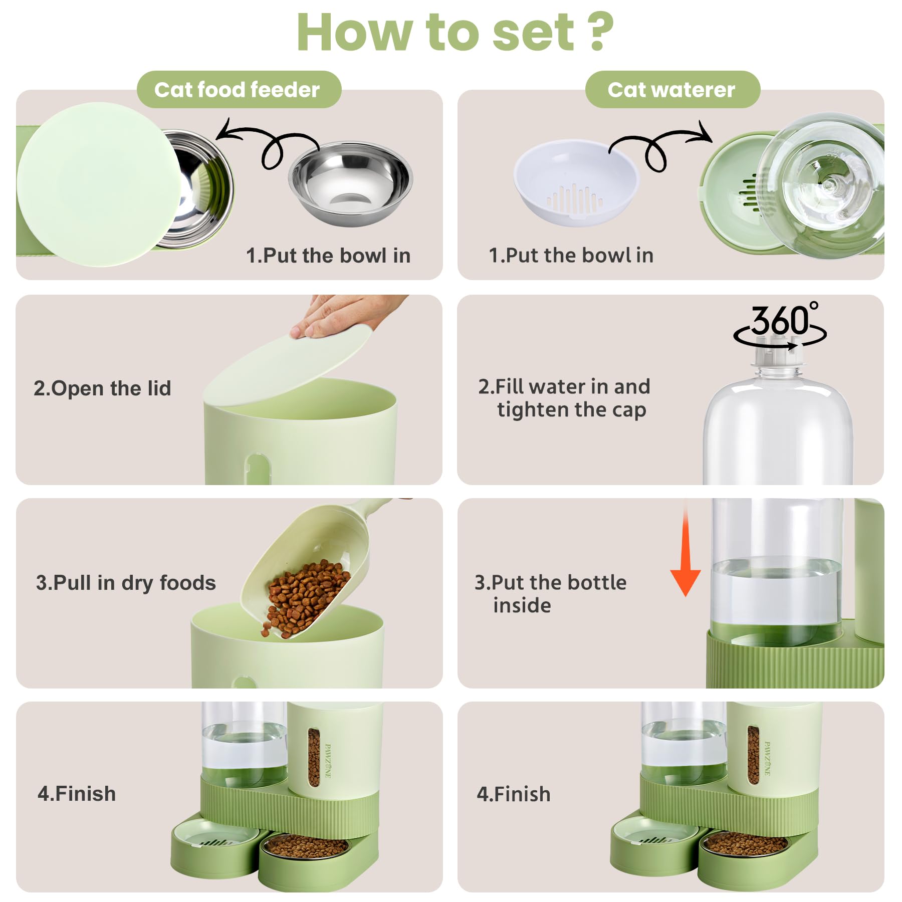 Automatic Cat Feeder Stainless Steel Water Dispenser Gravity Food Feeder and Waterer Set with Pet Food Bowl for Small Medium Kitten Puppy Pets Large Capacity(Green)