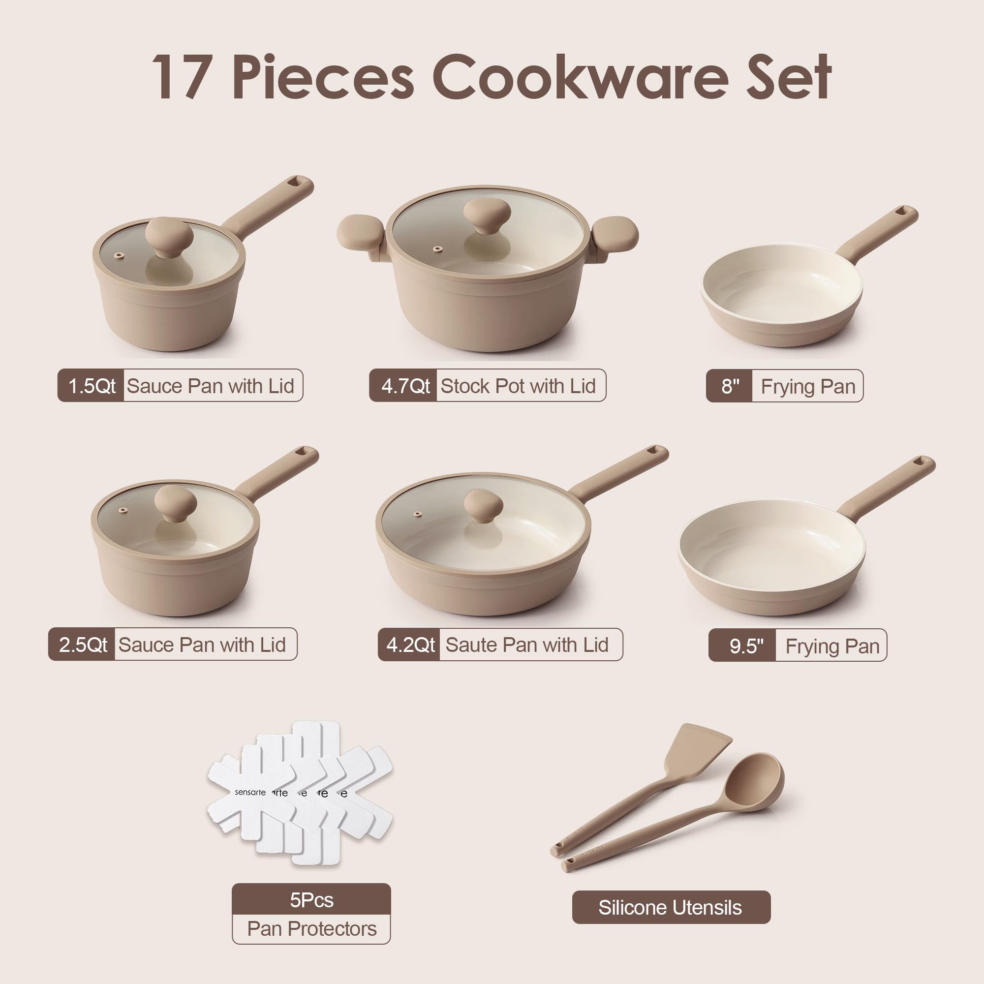 SENSARTE Ceramic Nonstick Pots and Pans Set, Nontoxic Cookware Set 17pcs