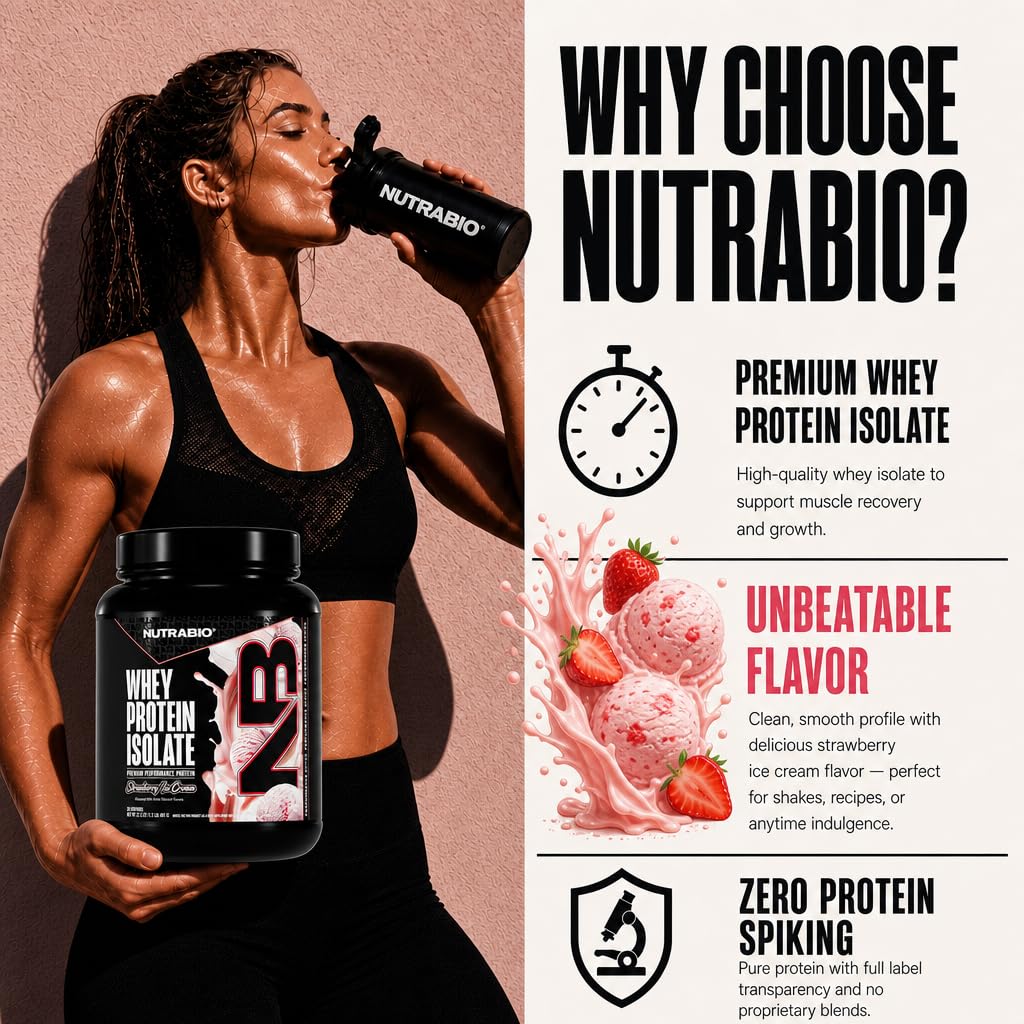 NutraBio 100% Whey Protein Isolate Protein Powder, 25g Protein with Complete Amino Acid Profile, Non-GMO, Soy & Gluten Free, Low Carb, Low Calorie Whey Protein Powder, Strawberry Ice Cream,20 servings