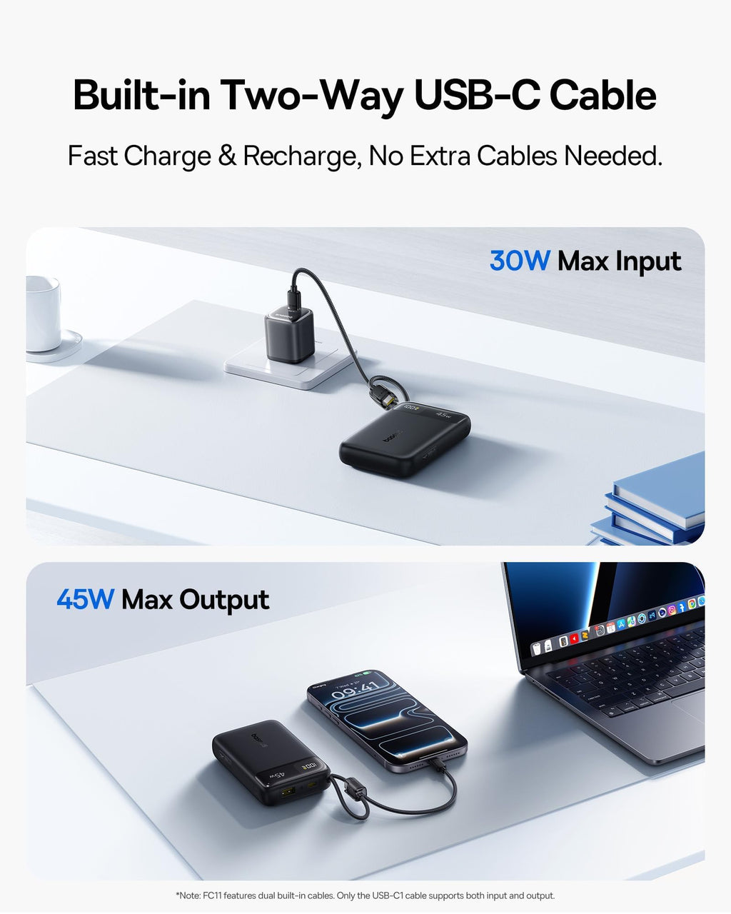 Baseus 20000mAh Compact Portable Charger 45W, CCC Certified Power Bank Built-in USB-C Cables, Travel Essential PD Fast Charging Battery Pack for iPhone 17/16 Series Galaxy S25/S24 Ultra Google iPad