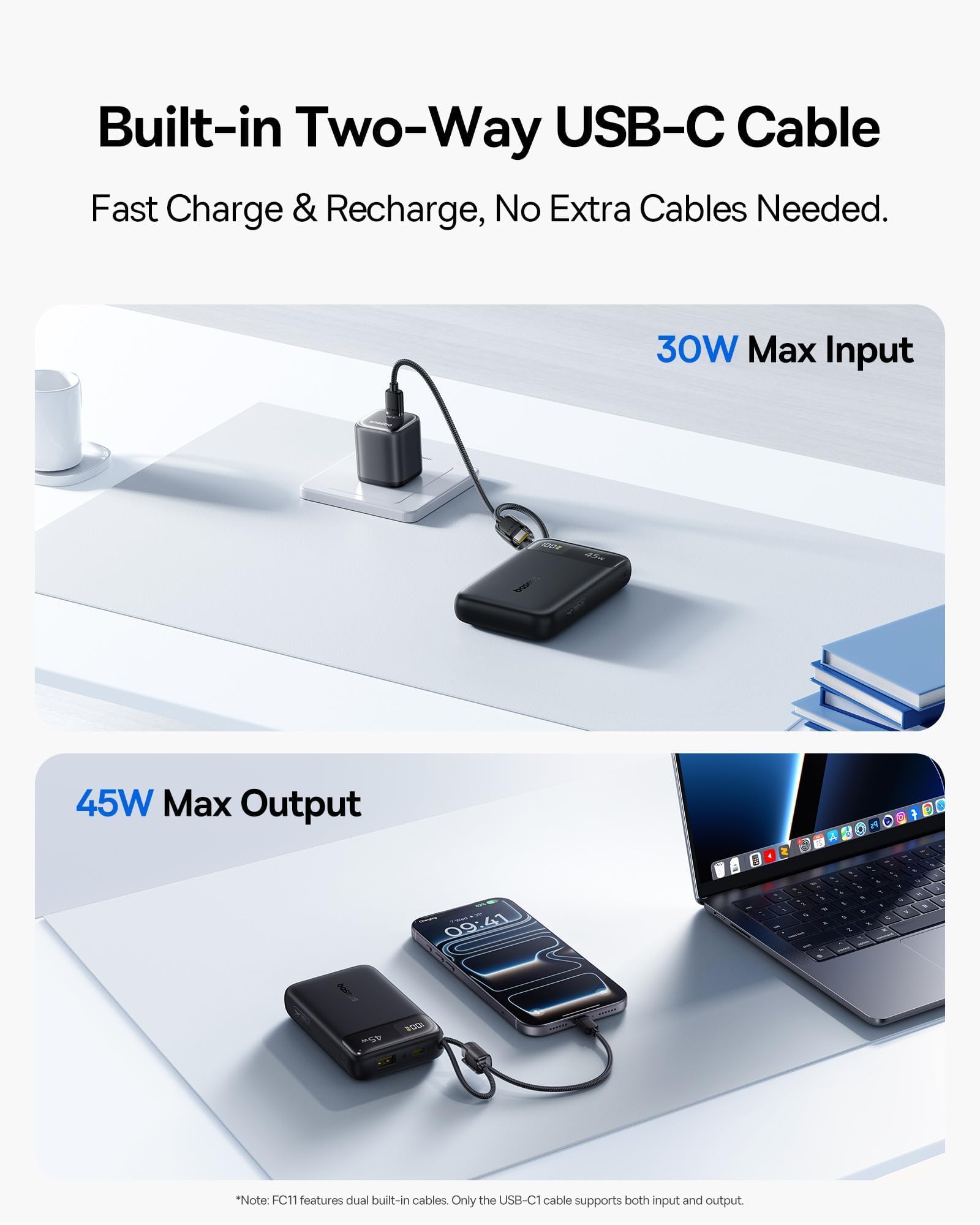 Baseus 20000mAh Compact Portable Charger 45W, CCC Certified Power Bank Built-in USB-C Cables, Travel Essential PD Fast Charging Battery Pack for iPhone 17/16 Series Galaxy S25/S24 Ultra Google iPad