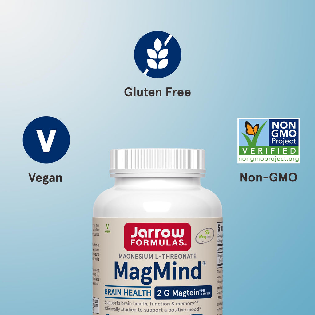 Jarrow Formulas Magnesium L-Threonate, MagMind Magtein Magnesium Supplement, Brain Supplements for Memory Support, 90 Veggie Capsules, Up to a 30 Day Supply