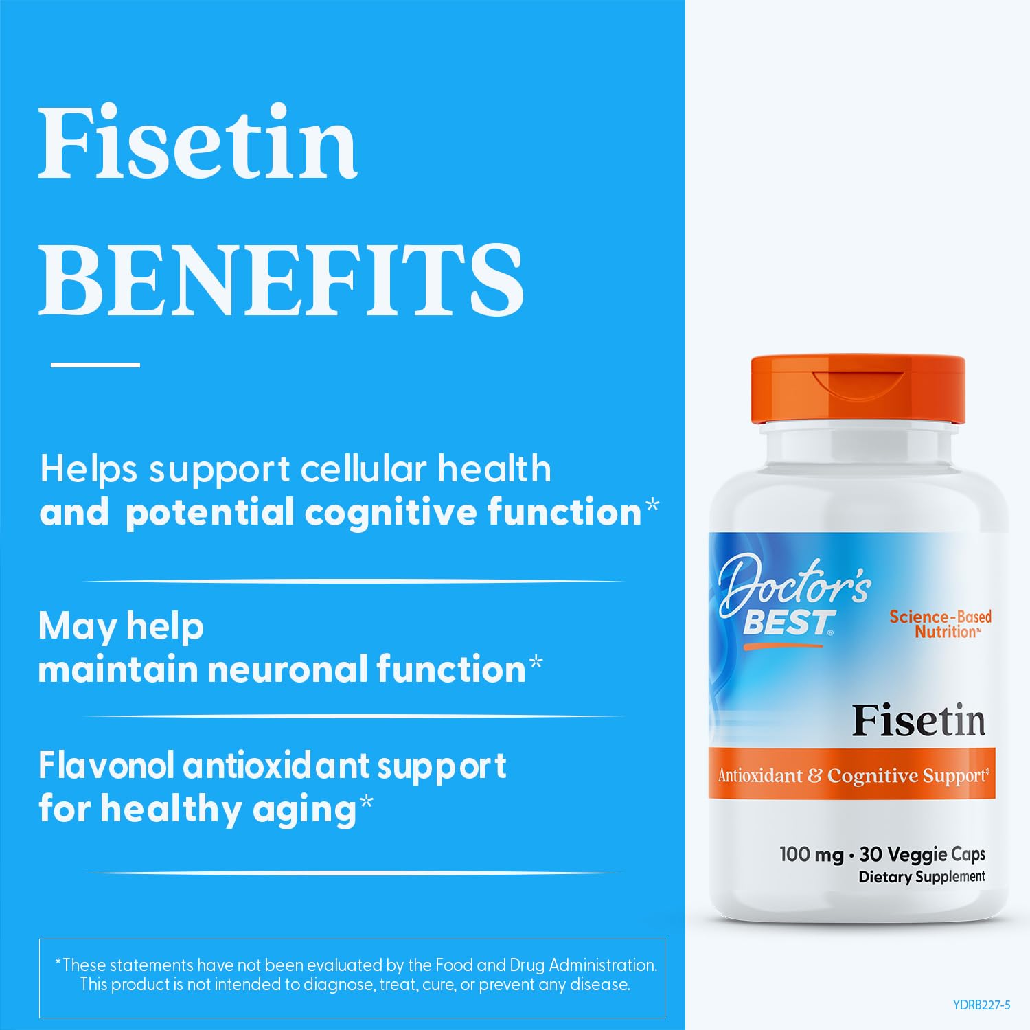 Doctor's Best Fisetin Supplement 100 mg for Men & Women - Brain Health & Antioxidant Support, Fisetin Capsules (as Novusetin) 100mg per Serving, Vegan, Gluten Free, Soy Free, Non GMO - 30 Veg Caps