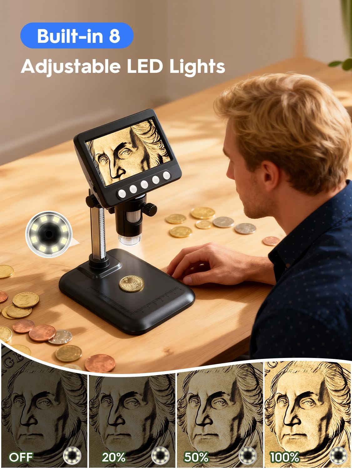 WKR Coin Microscope, 4.3" LCD USB Digital 1000X 1080P Coin Magnifier
