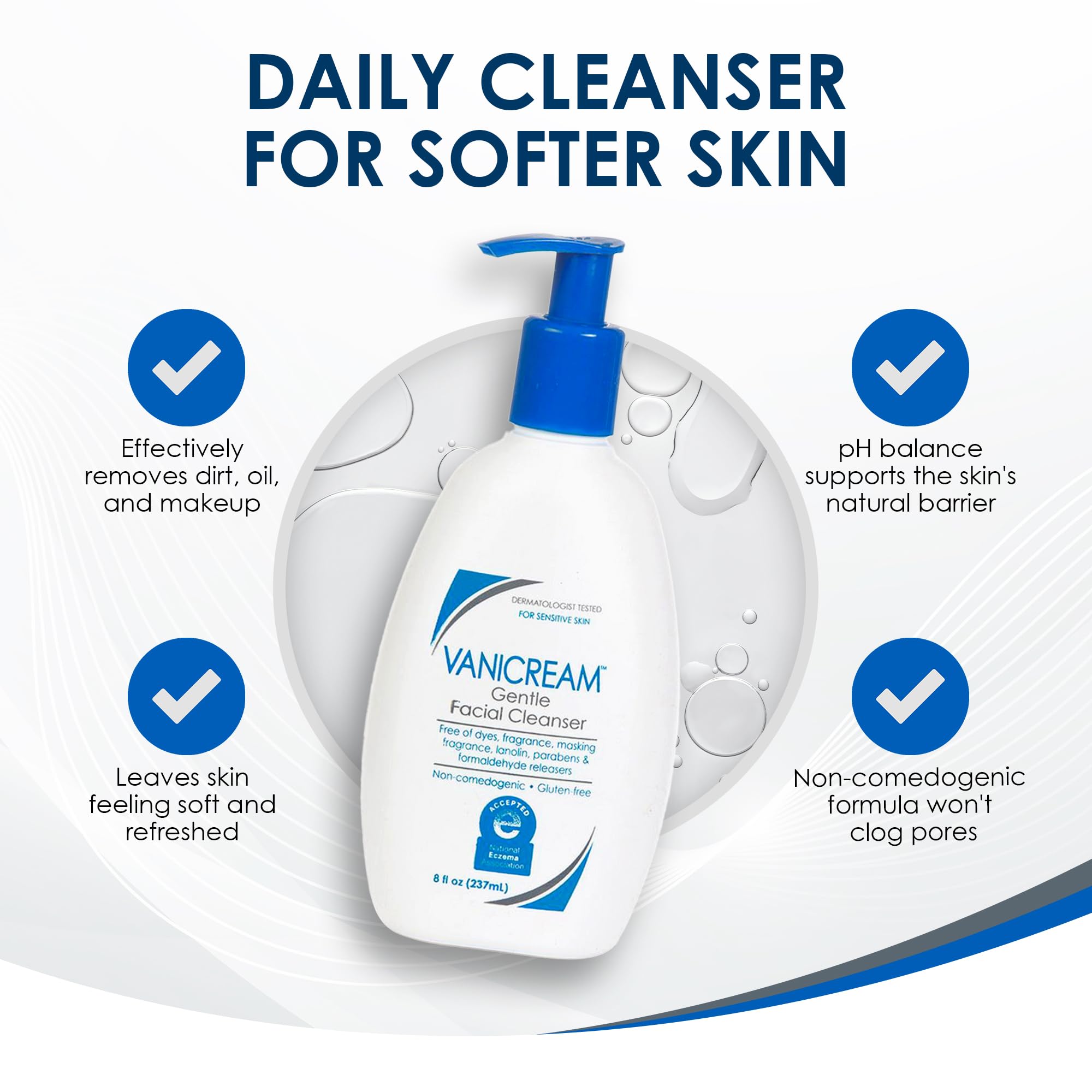 Vanicream Gentle Facial Cleaner with Pump Dispenser, 8 Fl Oz, Formulated without Common Irritants for Sensitive Skin, Removes Makeup, Dirt & Excess Oils, Non-Comedogenic, pH-Balanced Face Wash